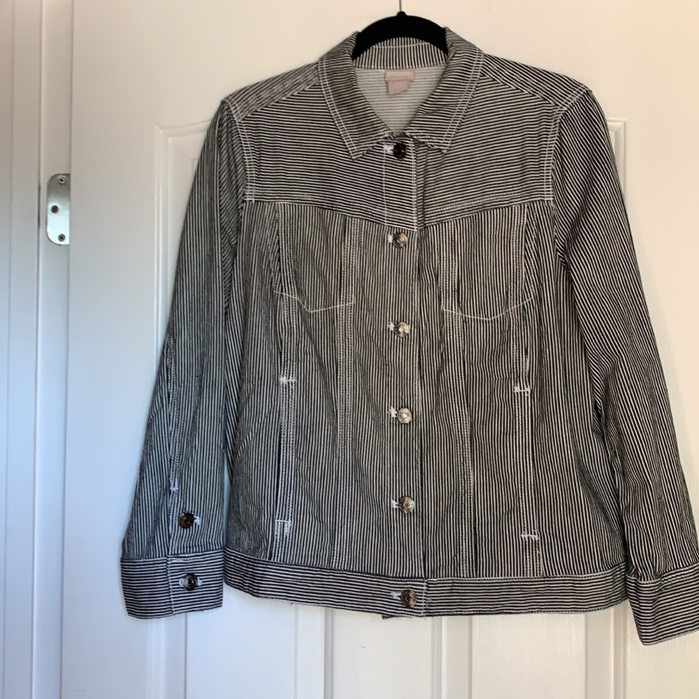 Chico’s denim jacket black/white vertical stripes